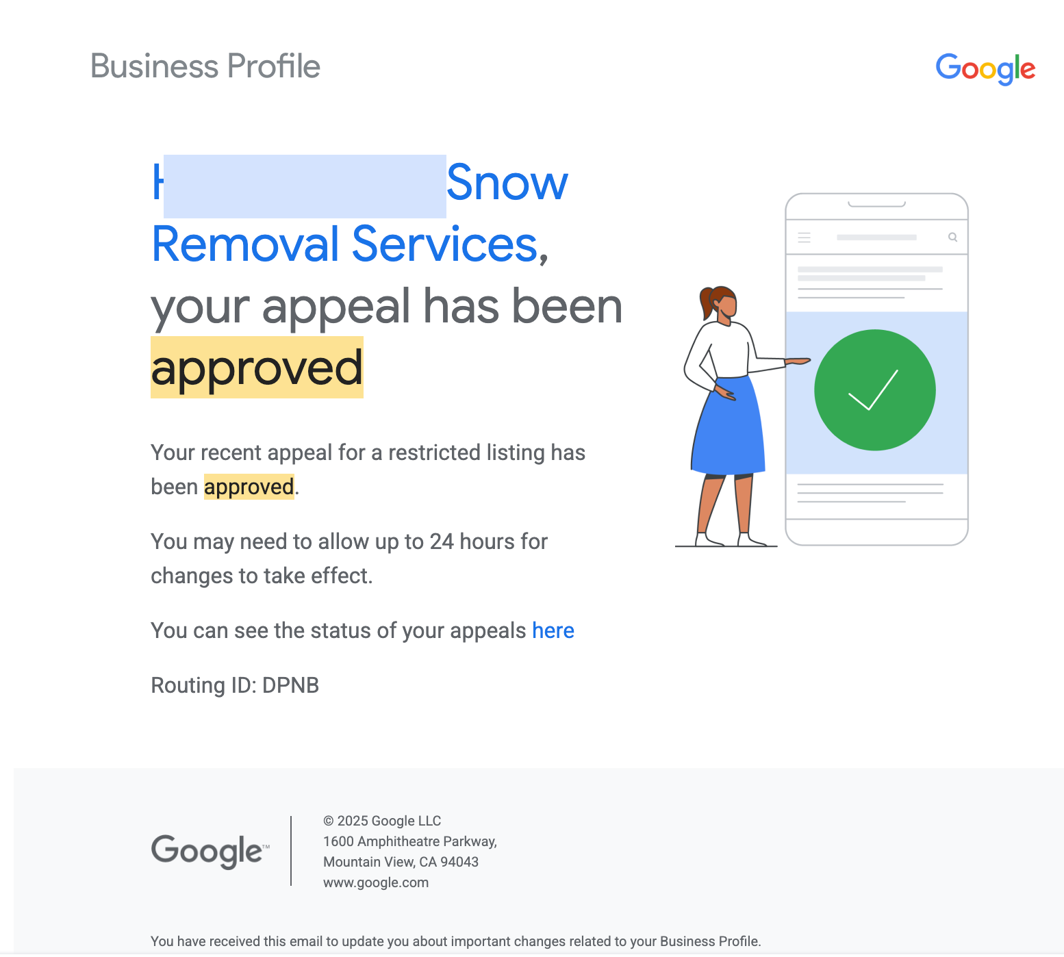 Snow removal company Google Business Profile reinstated